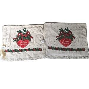 Set 2 VTG MCM Royal Terry Season Greetings Christmas Cotton Fringe Hand Towels